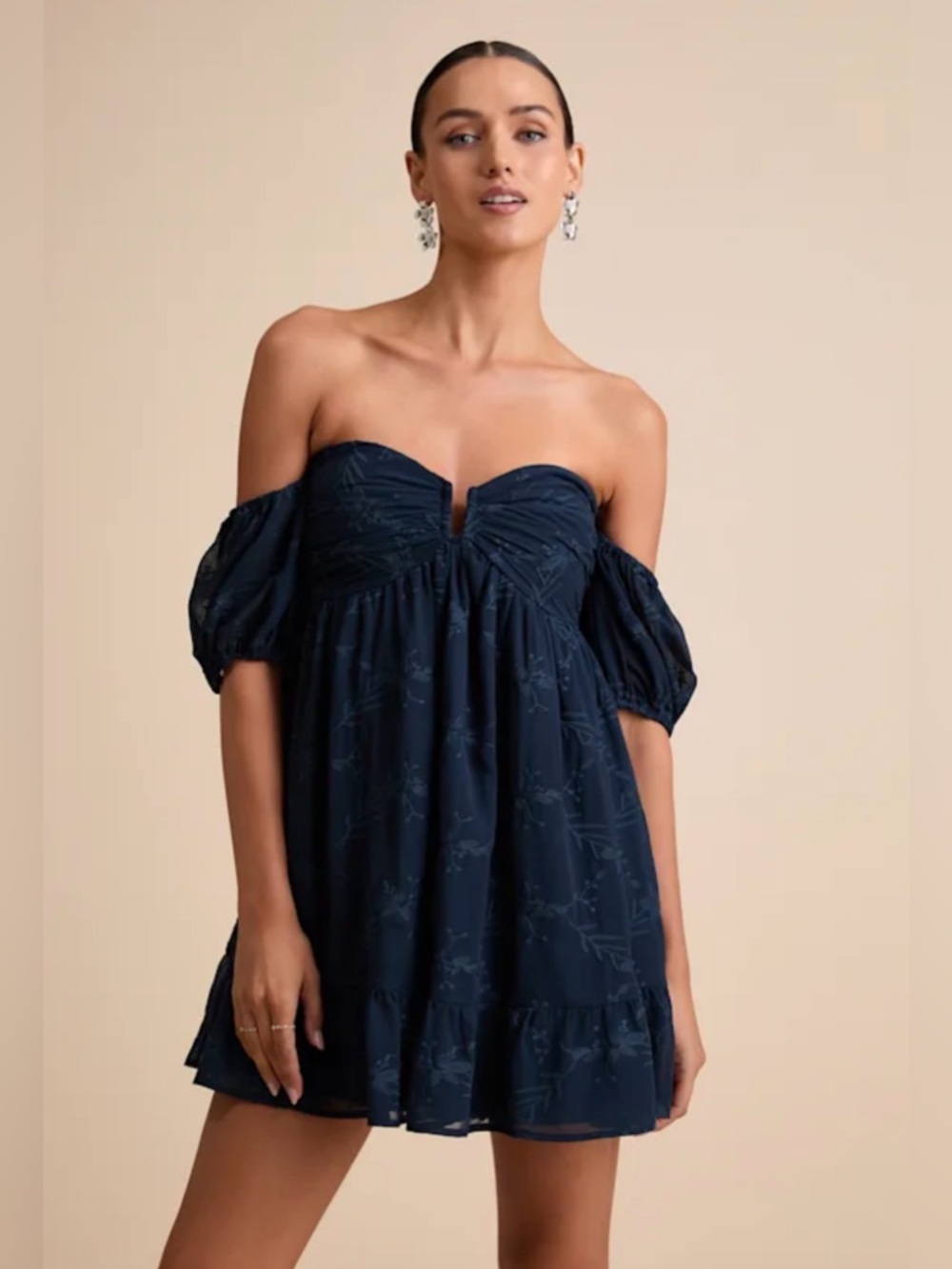 NWT Lulus Off-Shoulder Navy Floral Embroidered Mini Dress XS